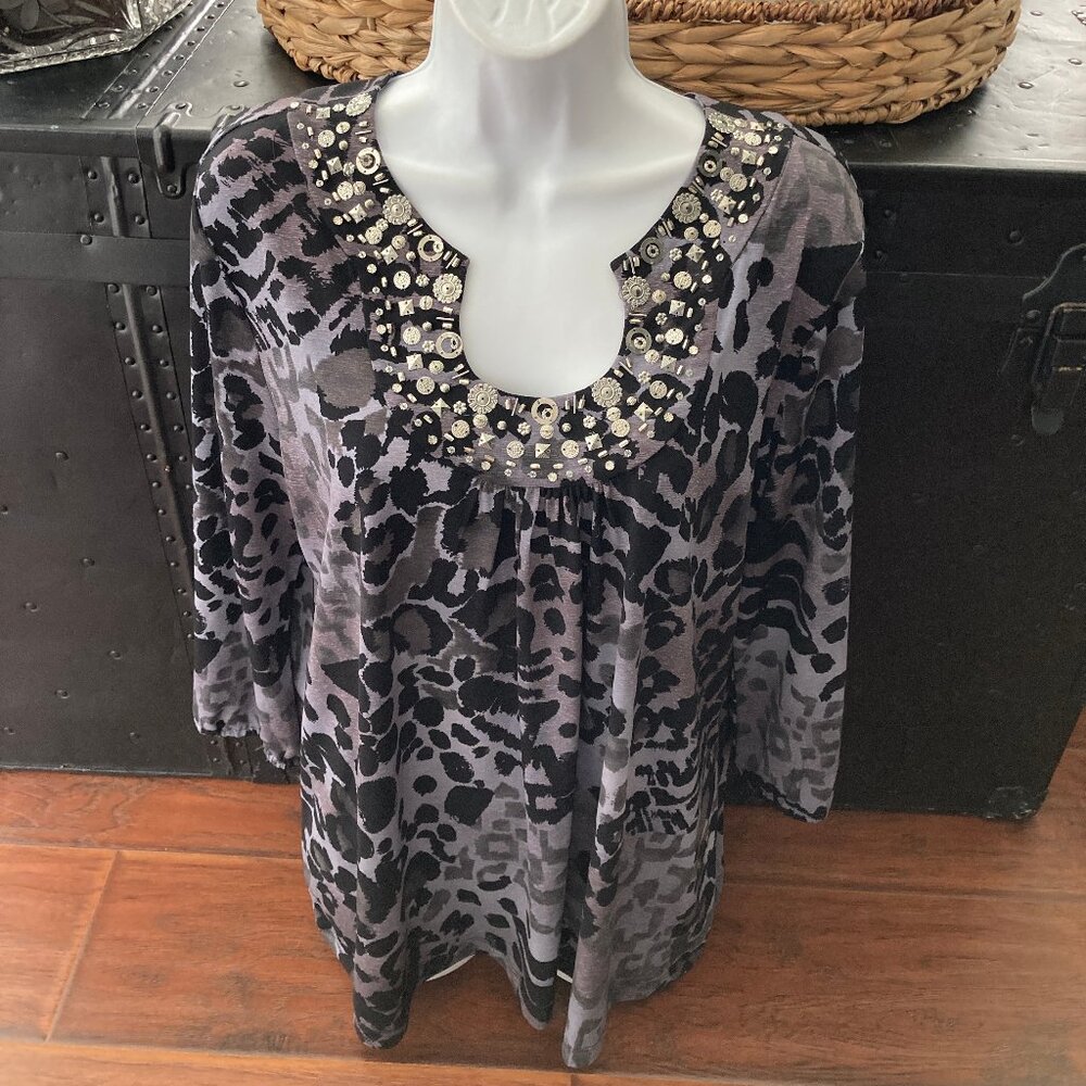 Marc Bouwer Black Gray Leopard Studded Beaded 3/4 Blouse Large
